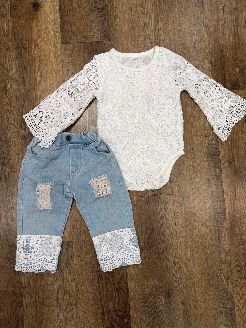 Baby Girls White Lace Bodysuit & Light Blue Denim Lace Trim Pants Matching Set